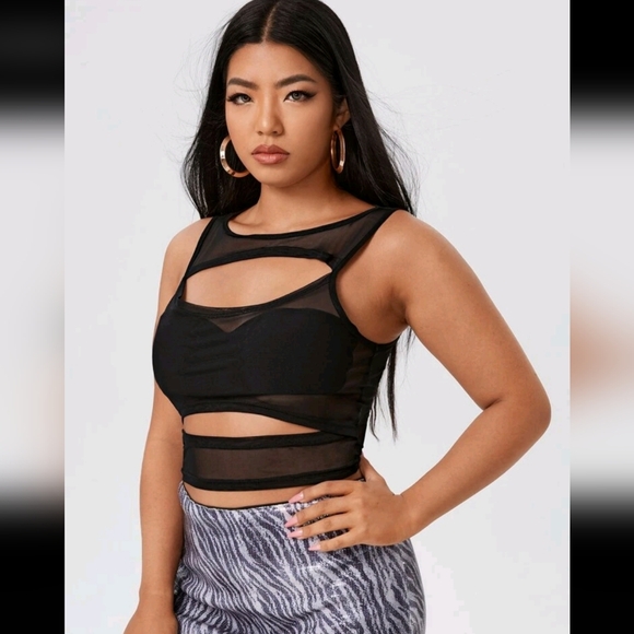 SHEIN Plus Cut Out Crop Sheer Mesh Top - Black, Size 1XL - Picture 4 of 5